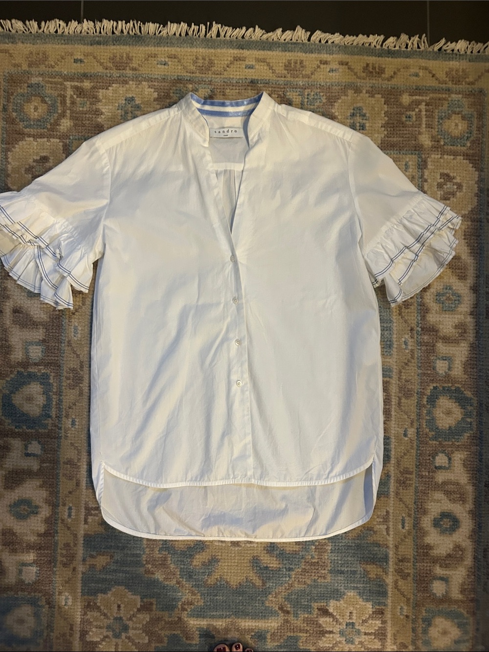 Sandro White Short-Sleeve Button-Front Shirt with Ruffle Sleeves